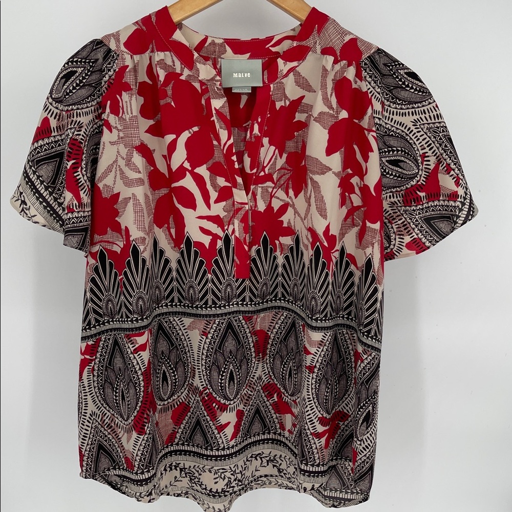 Maeve Red, Cream & Black Floral Paisley Short-Sleeve Blouse Women Size Medium